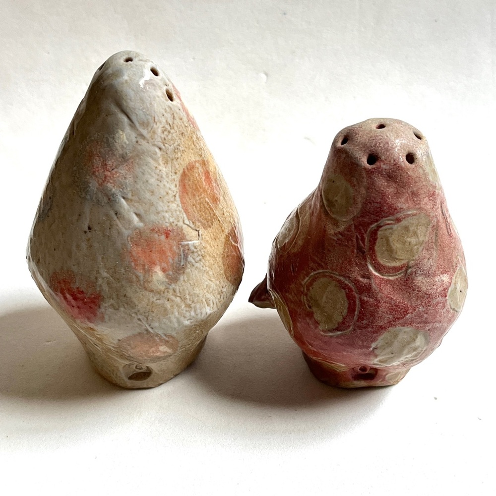 Whimsical Hand-Painted Ceramic Salt & Pepper Shaker Set- Wood & Salt Fired. New